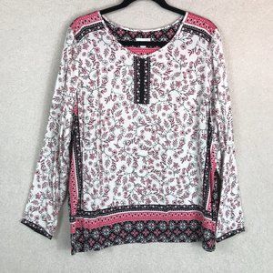 J. Jill Blouse Womens Large Boho Handkerchief Floral White Pink Black Green